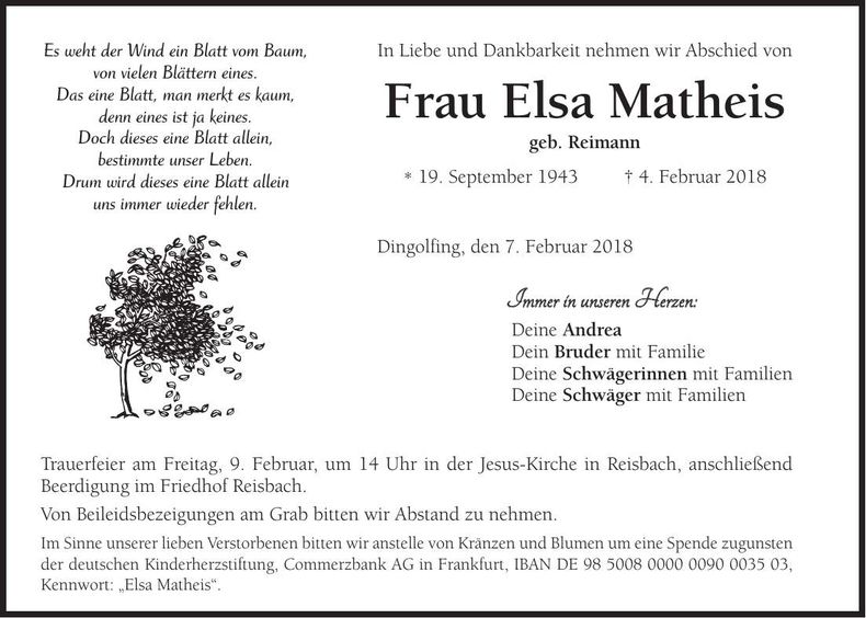 Traueranzeige Elsa Matheis