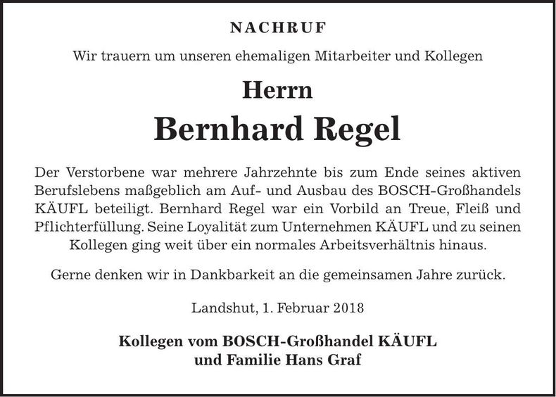 Traueranzeige Bernhard Regel
