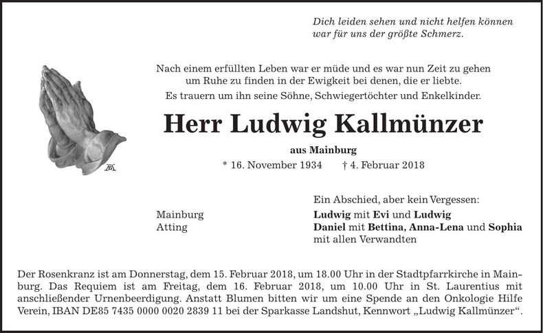 Traueranzeige Ludwig Kallmünzer