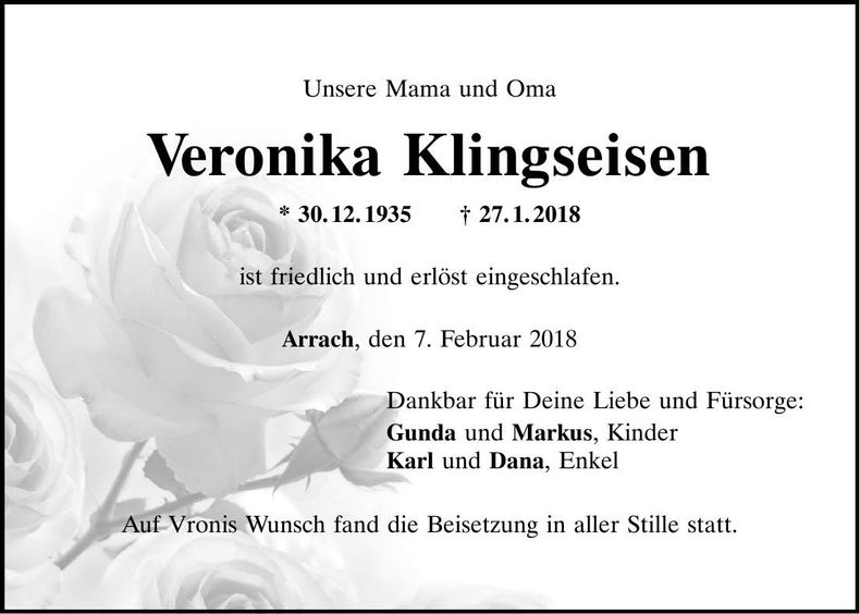 Traueranzeige Veronika Klingseisen