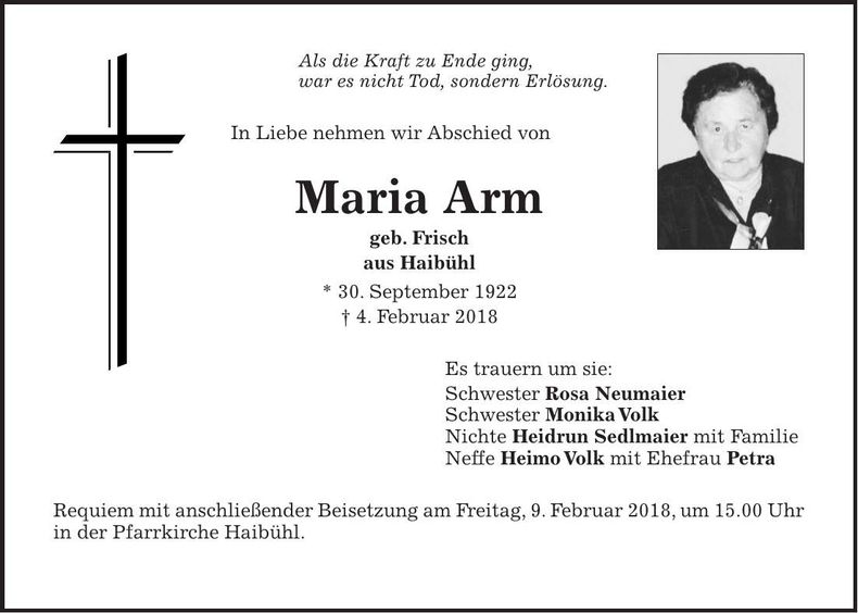 Traueranzeige Maria Arm