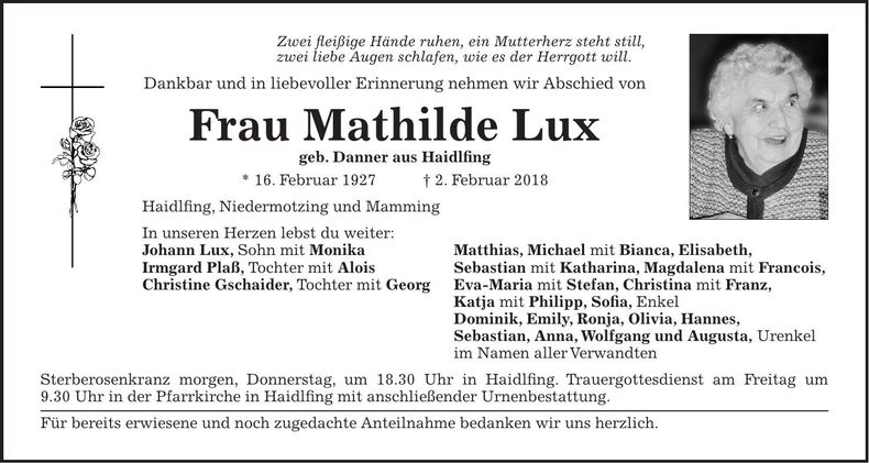 Traueranzeige Mathilde Lux