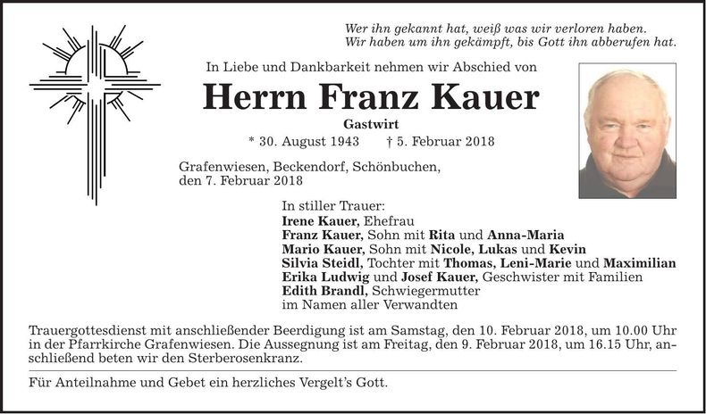 Traueranzeige Franz Kauer