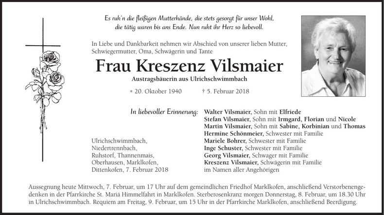 Traueranzeige Kreszenz Vilsmaier