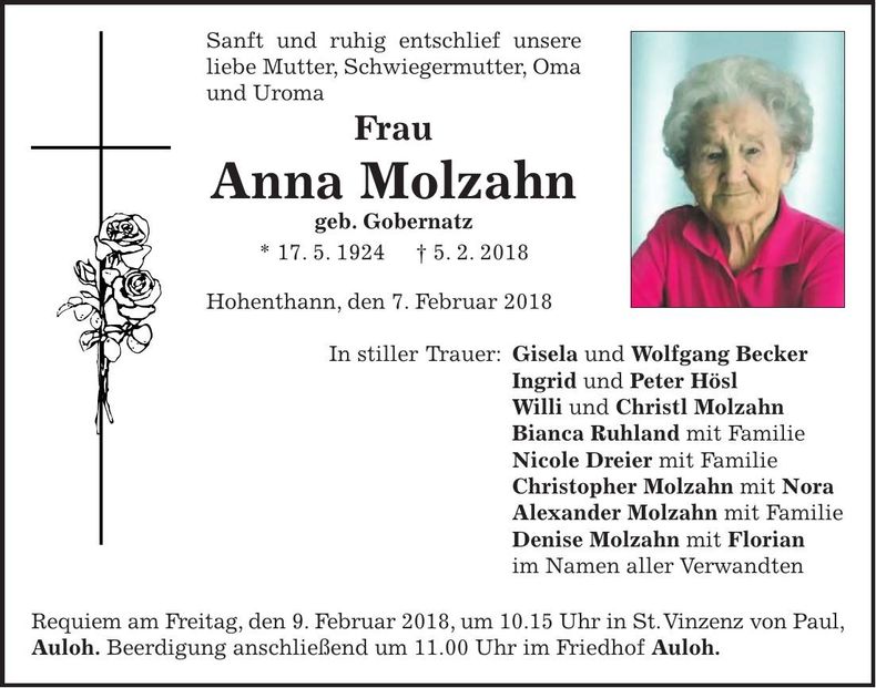 Traueranzeige Anna Molzahn
