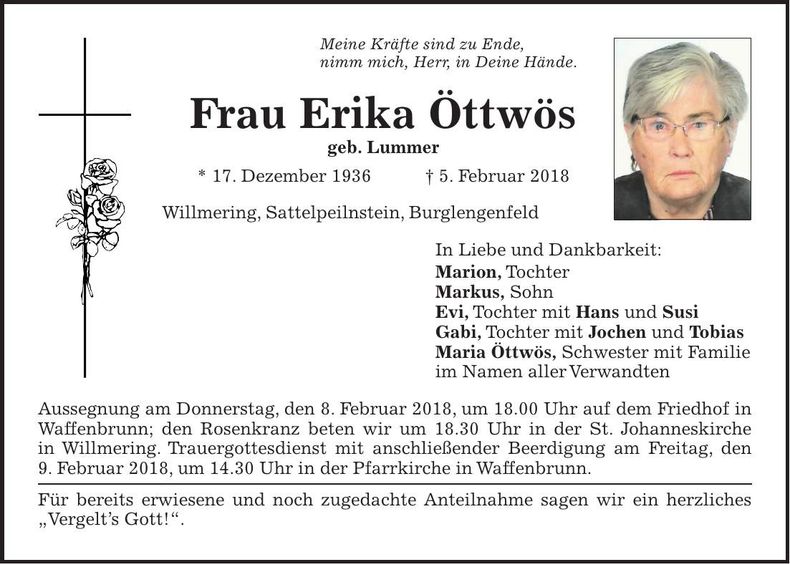 Traueranzeige Erika Öttwös