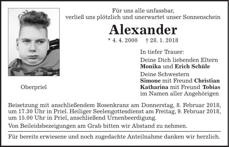 Traueranzeige Alexander Schüle