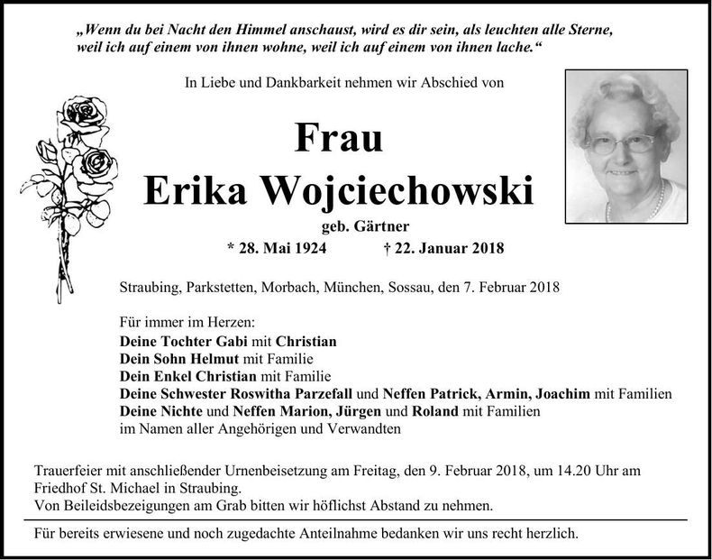 Traueranzeige Erika Wojciechowski