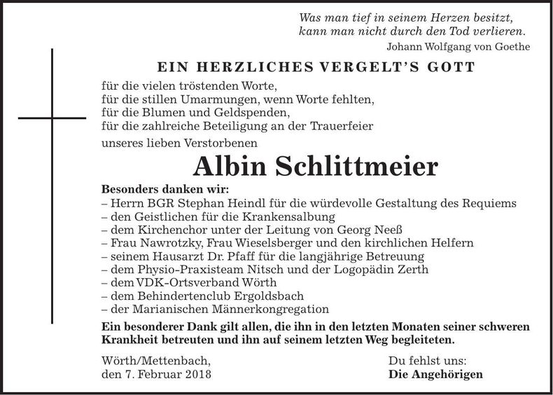 Traueranzeige Albin Schlittmeier