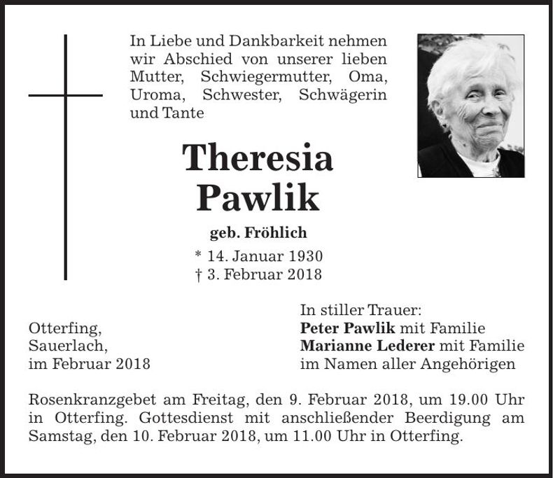 Traueranzeige Theresia Pawlik