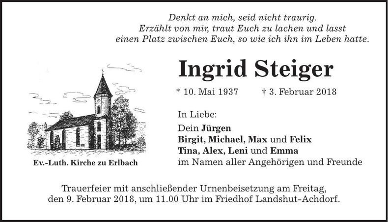 Traueranzeige Ingrid Steiger