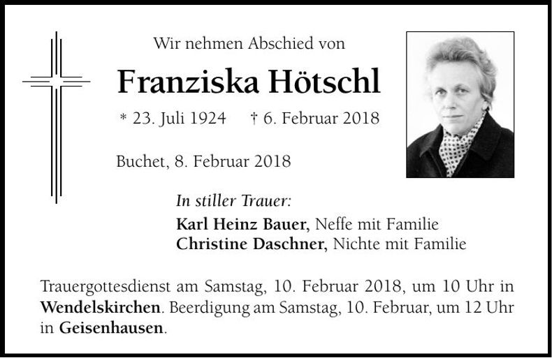 Traueranzeige Franziska Hötschl