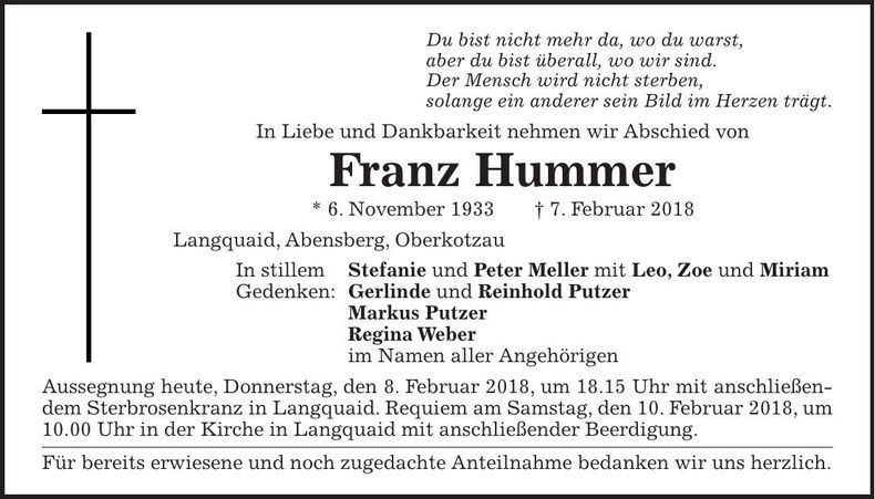 Traueranzeige Franz Hummer