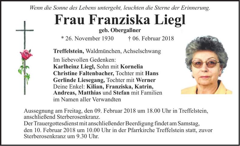 Traueranzeige Franziska Liegl