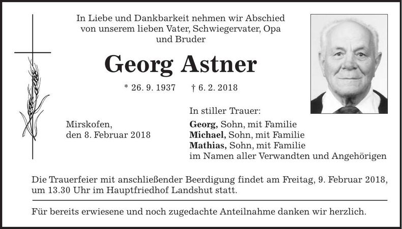 Traueranzeige Georg Astner
