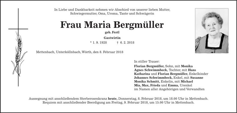 Traueranzeige Maria Bergmüller
