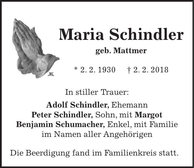 Traueranzeige Maria Schindler