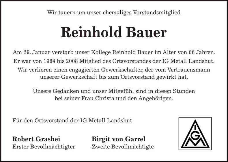 Traueranzeige Reinhold Bauer