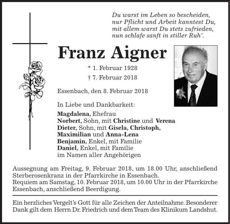 Traueranzeige Franz Aigner