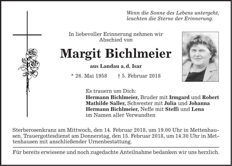 Traueranzeige Margit Bichlmeier