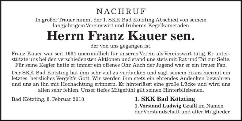 Traueranzeige Franz Kauer