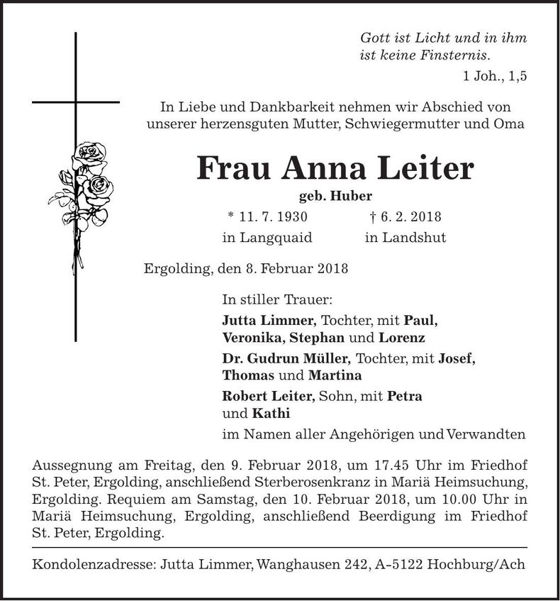 Traueranzeige Anna Leiter