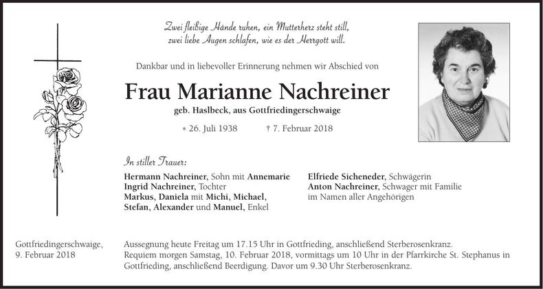 Traueranzeige Marianne Nachreiner