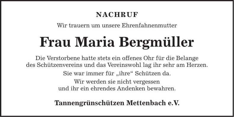 Traueranzeige Maria Bergmüller