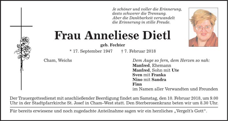 Traueranzeige Anneliese Dietl