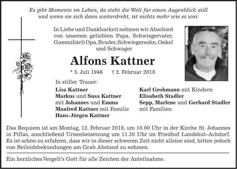 Traueranzeige Alfons Kattner
