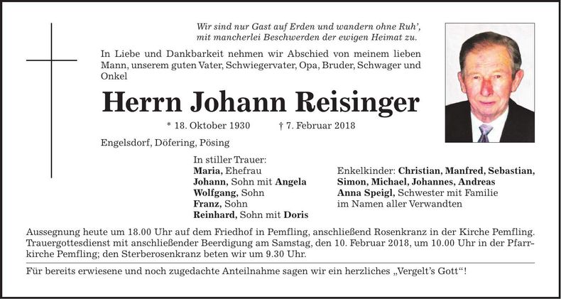 Traueranzeige Johann Reisinger