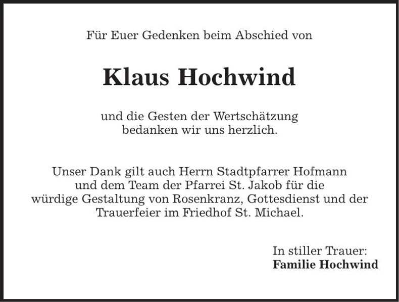 Traueranzeige Klaus Hochwind