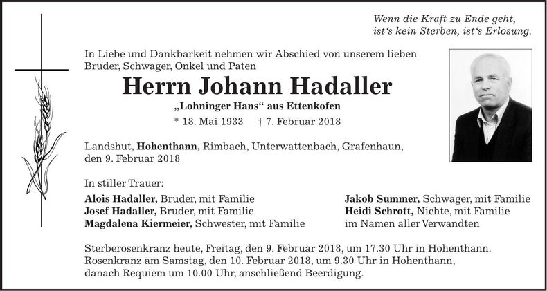 Traueranzeige Johann Hadaller