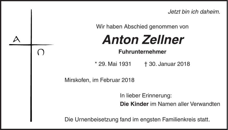 Traueranzeige Anton Zellner