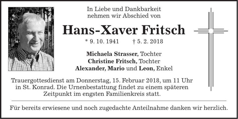 Traueranzeige Hans Xaver Fritsch