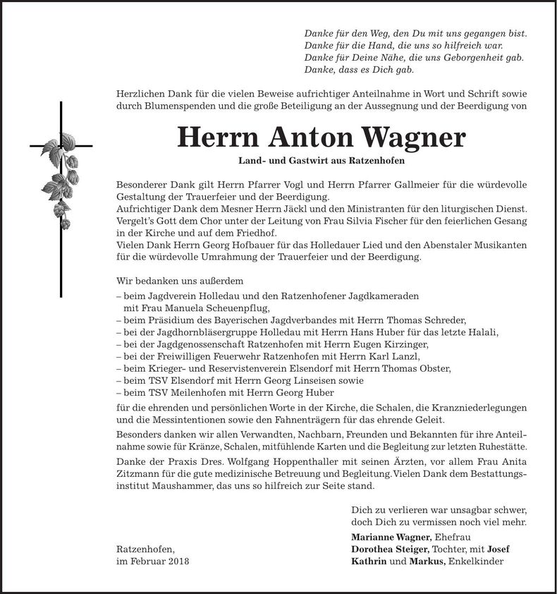 Traueranzeige Anton Wagner