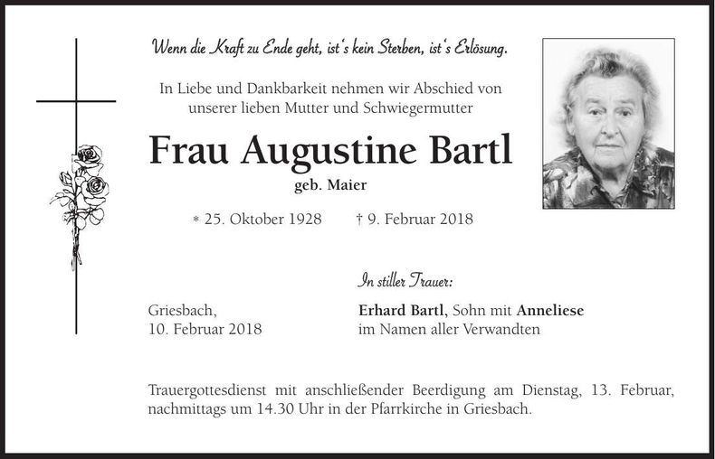Traueranzeige Augustine Bartl