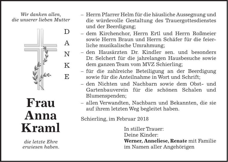 Traueranzeige Anna Kraml