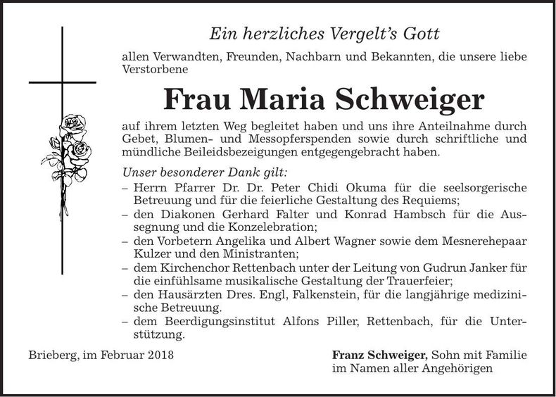 Traueranzeige Maria Schweiger