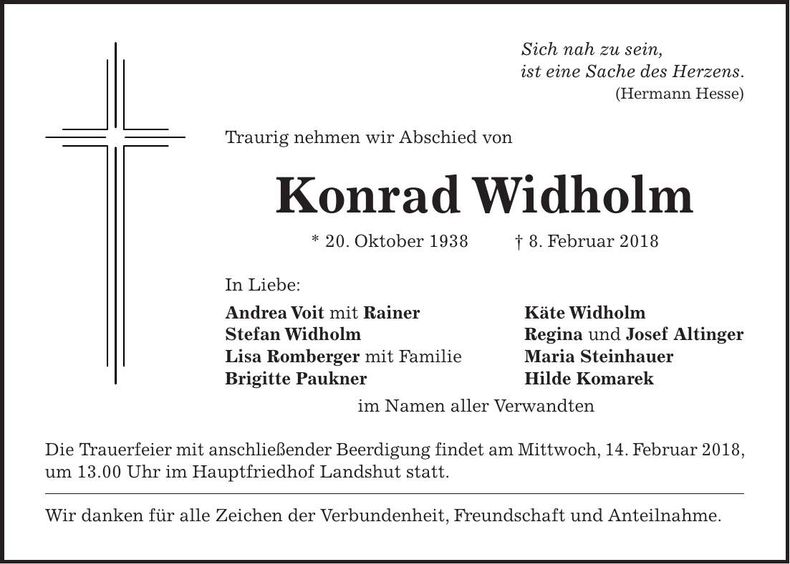 Traueranzeige Konrad Widholm