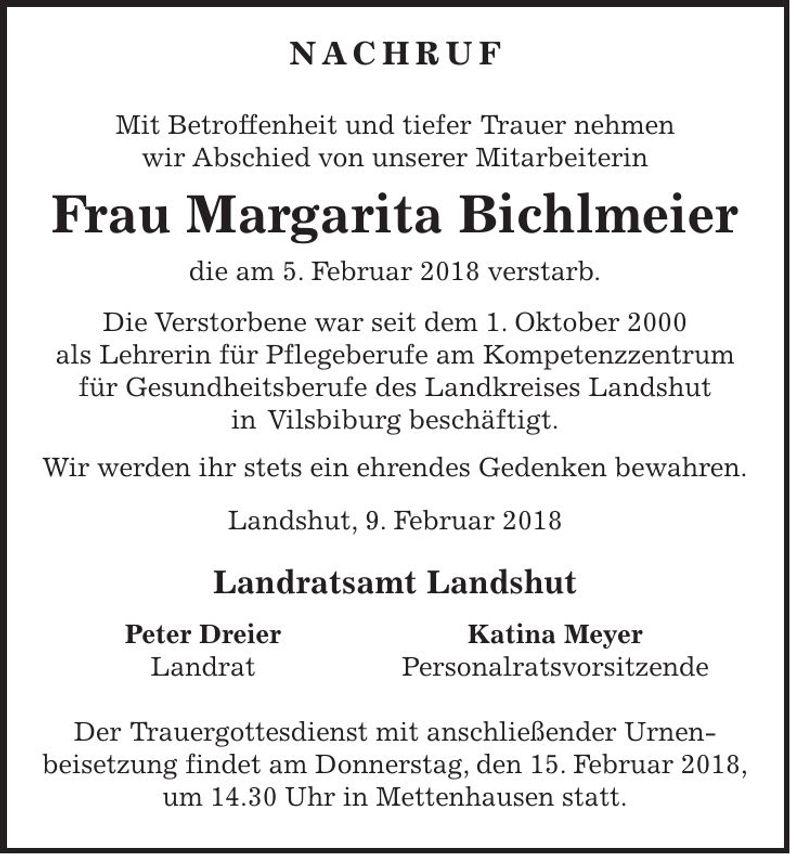 Traueranzeige Margarita Bichlmeier