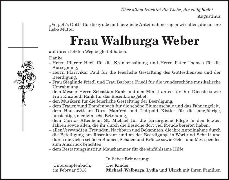 Traueranzeige Walburga Weber