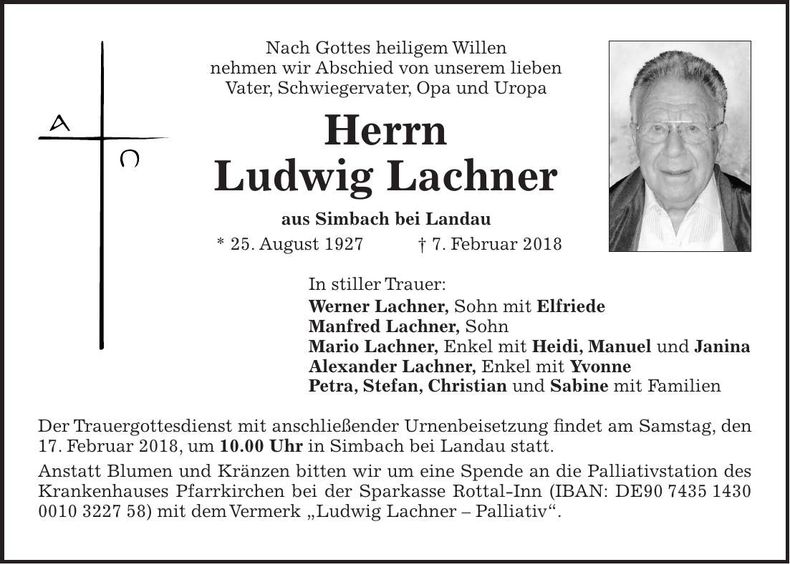 Traueranzeige Ludwig Lachner