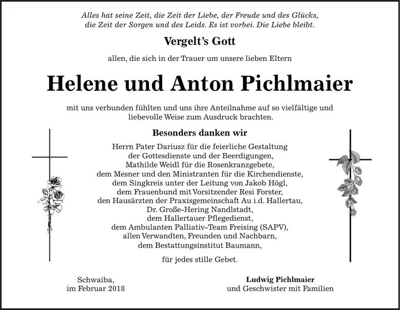 Traueranzeige Helene u. Anton Pichlmaier