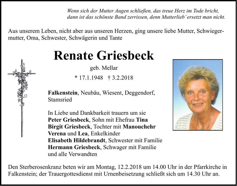 Traueranzeige Renate Griesbeck