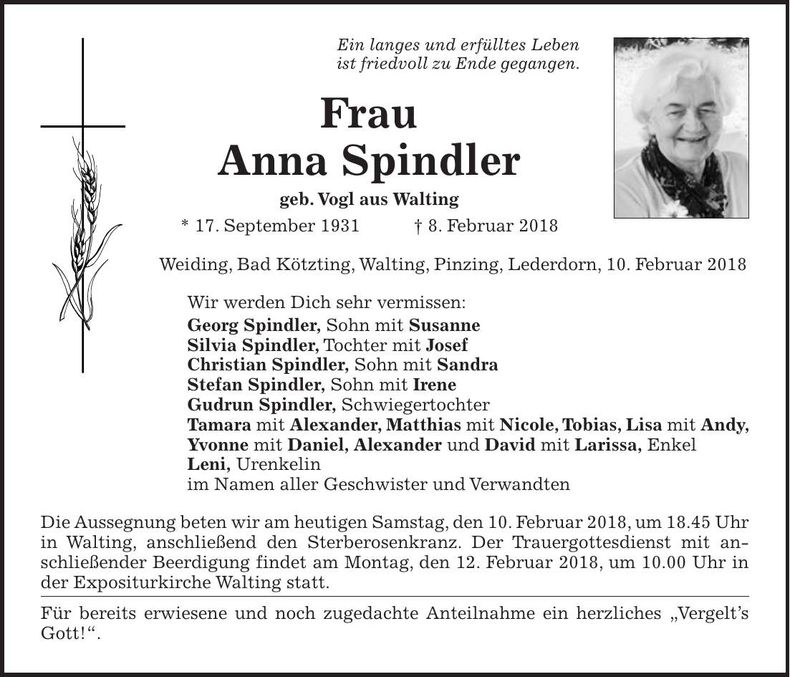Traueranzeige Anna Spindler
