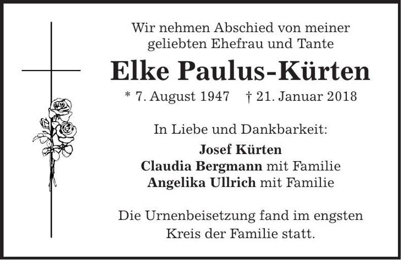 Traueranzeige Elke Paulus-Kürten