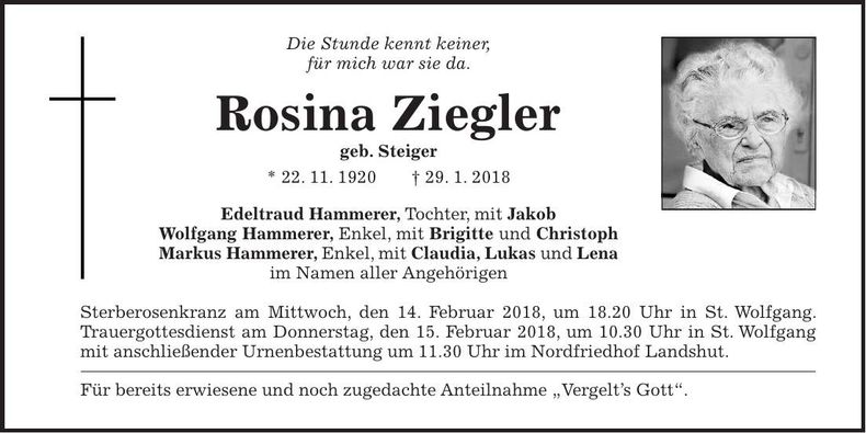 Traueranzeige Rosina Ziegler
