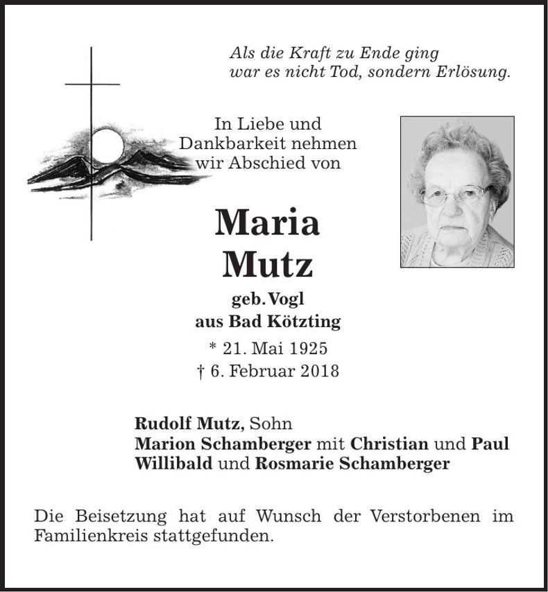 Traueranzeige Maria Mutz