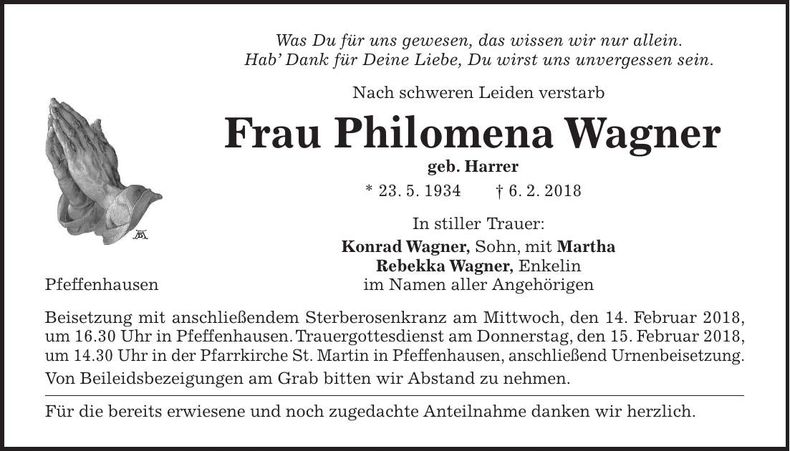 Traueranzeige Philomena Wagner